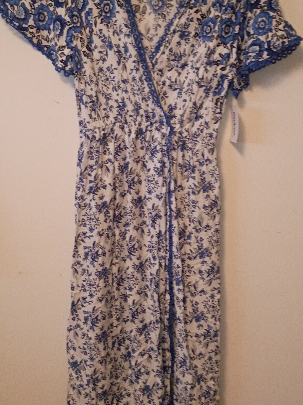 Blue Floral Midi Wrap Dress with Lace Trim